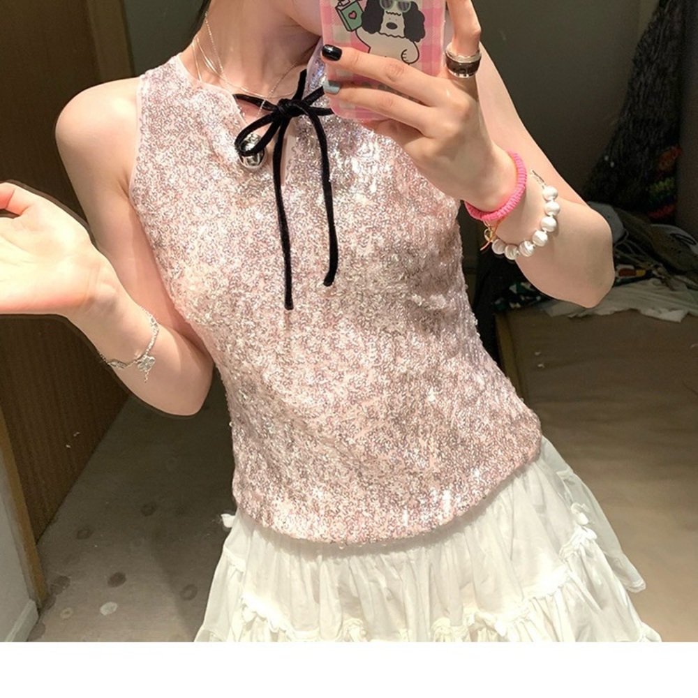 Pink Sequins Cropped Top Full Sequins Luxury Slim… - image 5